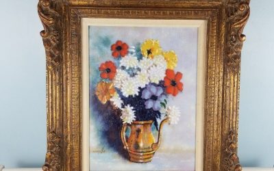 Dom Mignolla enamel-on-copper floral still life 16″x12″ vintage wood frame